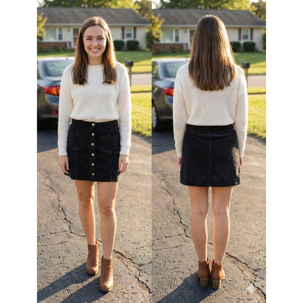 She + Sky Women's Corduroy Mini Skirt Black Button Front Boho Retro Size Large L